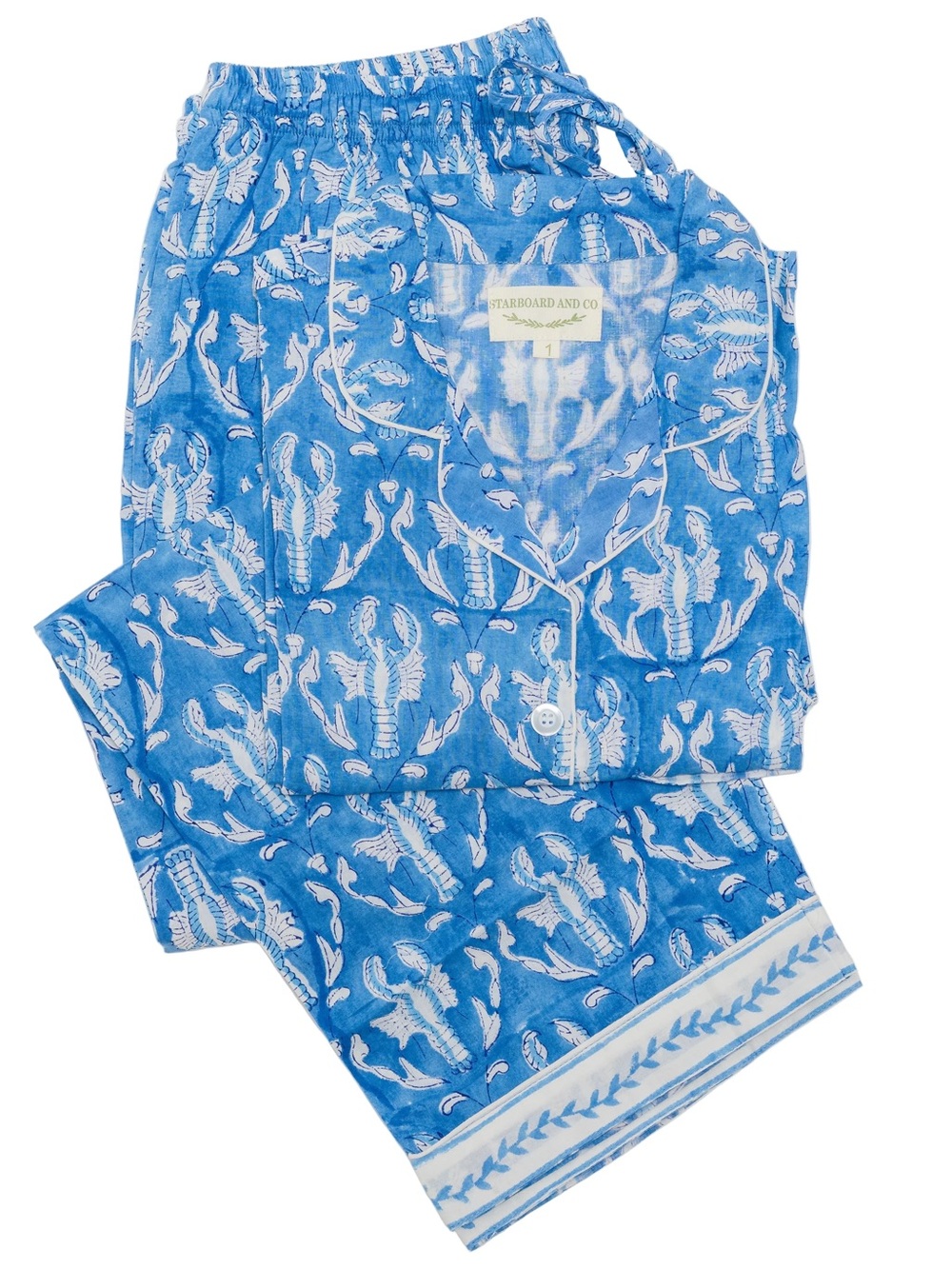 100% Cotton Pajama Set Novelty Print Blue Lobster, Size 2 (M/L) Night Suit Maine